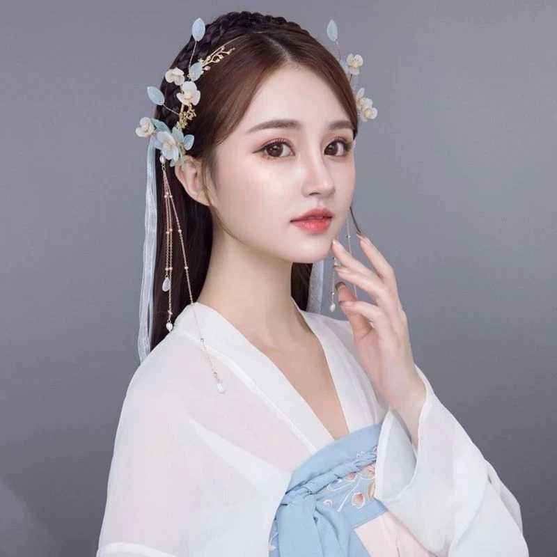 Blue Floral Hairband Chinese Wedding Hair Accessories Long Tassel With Ribbon Hair Hoop Fairy Hanfu Headbands Prom Hair JewelryX240913