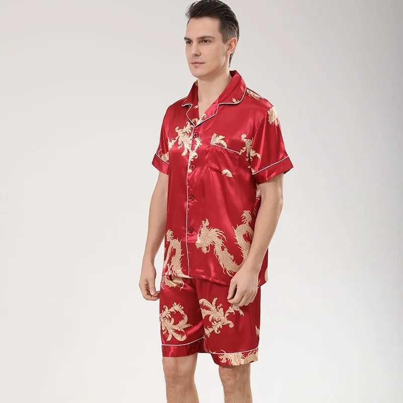 Summer Men Blue Dragon Print Pajama Sets Satin Turn-down Collar Sleepwear Short Sleeve Nightwear Homewear Loungewear Y240913