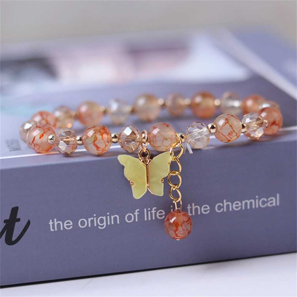 Fashionable butterfly bead bracelet suitable for women imitates jade bohemian crystal charm elastic rope bracelet handmade jewelry W240913