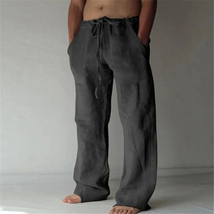 Casual mens cotton and linen pants with fashionable solid pockets drawstring pocketsT rousersa rec omfortablel oosel o 240913