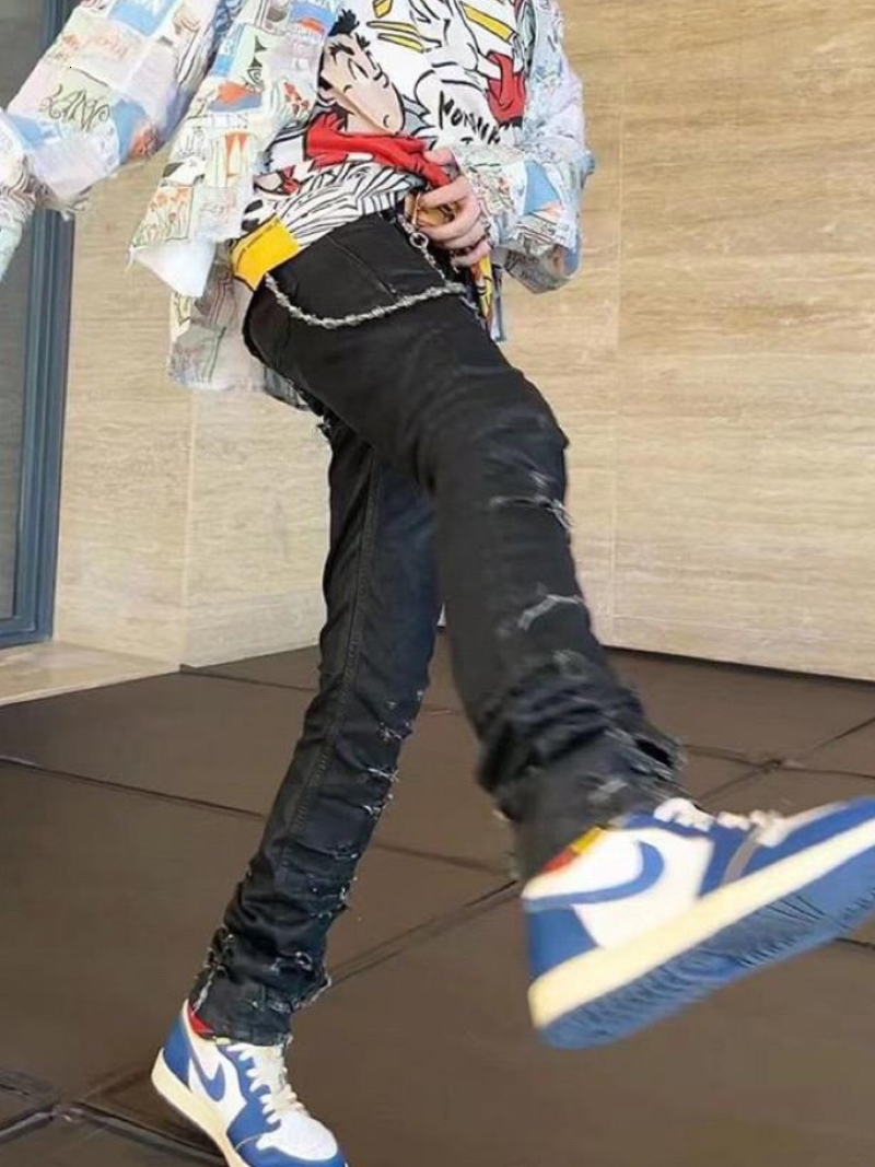 Black Waxed Jeans Mens Distressed StraightLeg Denim with Coated Finish Black Waxed Denim Men Archive High Street Style L251014