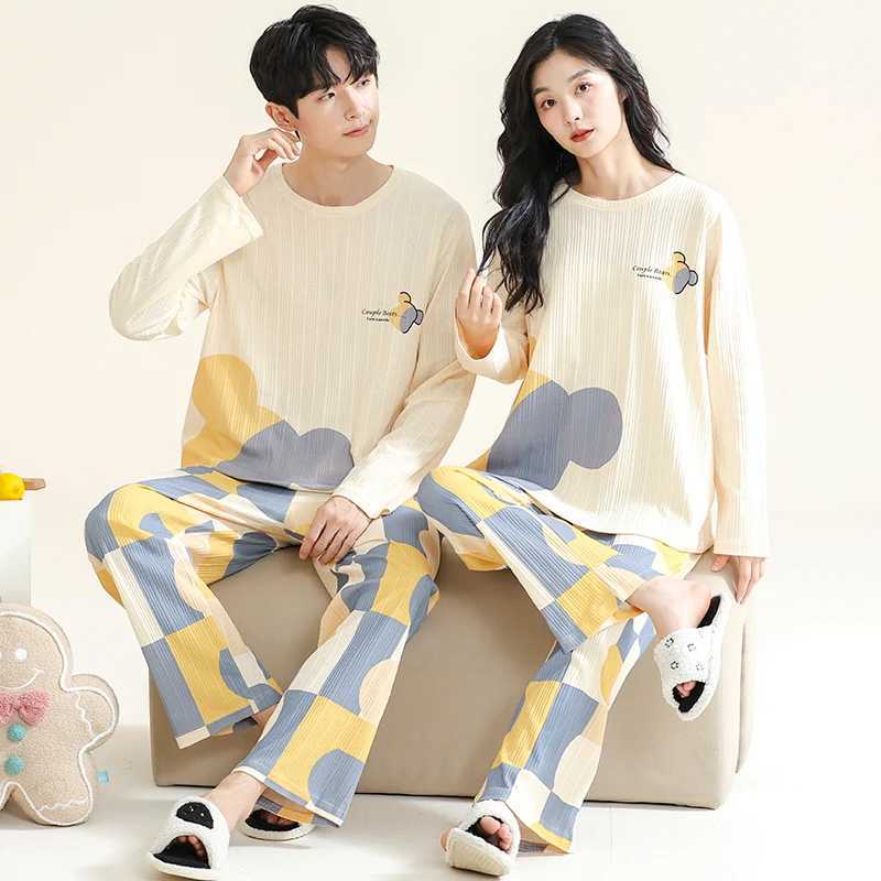 2024 Cartoon Sleepwear Cotton Pajamas Couple Long Sleeves Pyjamas Suit Pijama Women or Men Loungewear Dinosaur Pjs Home Clothes Y240913