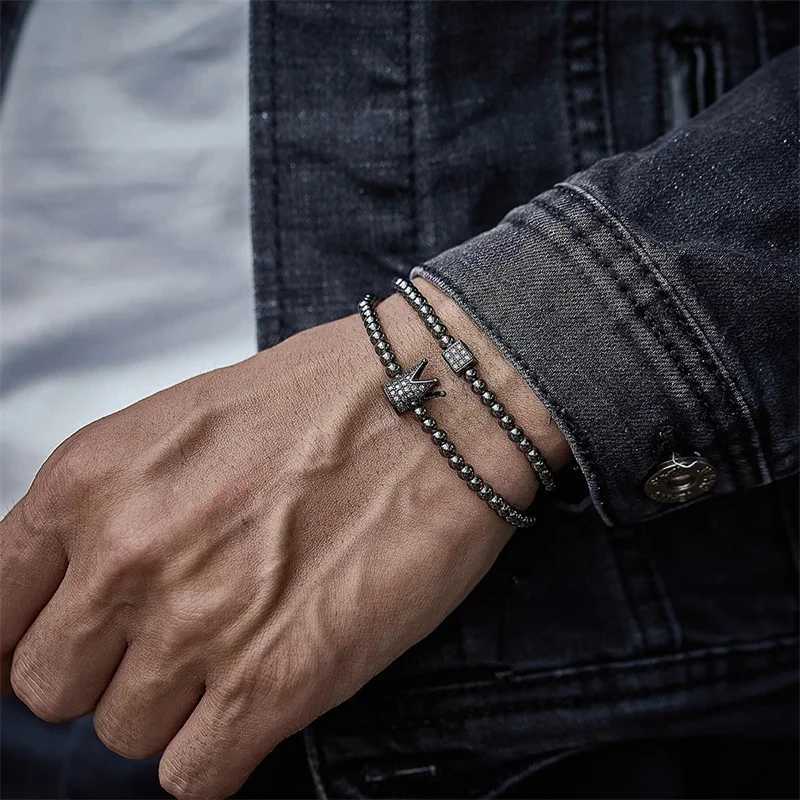 2Pcs/Sets Classic Men Crown Stainless Steel Beads Bracelet Rectangle Linear Inlaid Zircon Punk Charms Bracelet Man Women JewelryX240913