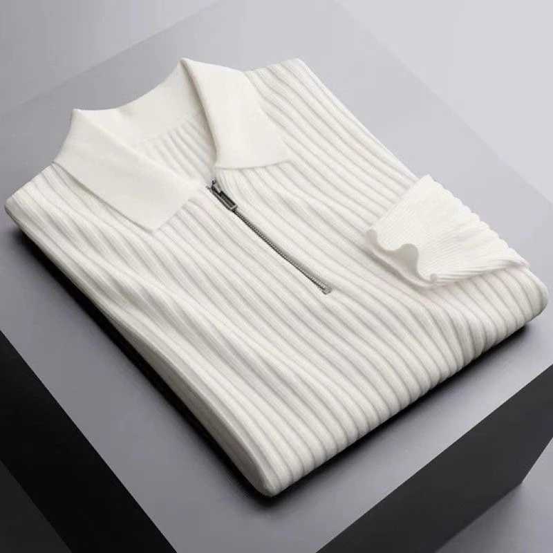 Mens lightweight luxury knitted polo shirt long sleeved solid color pullover sweater Korean retro popular casual knitted M-3XL W240913