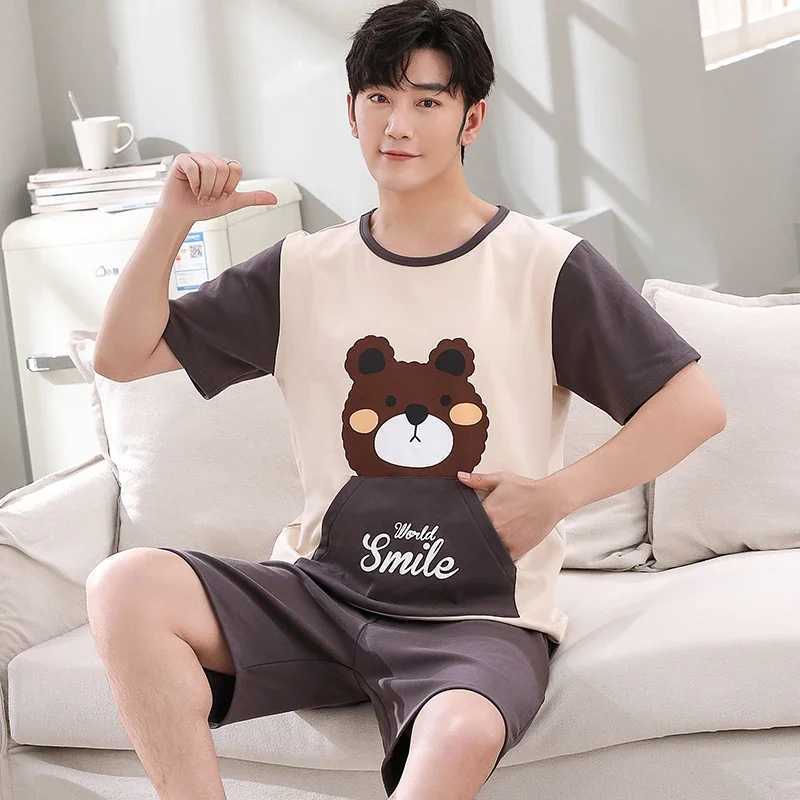Summer New Knitted Cotton Couple Cartoon Mens Pyjamas Red Pajamas Set Casual Male Sleepwear Pyjamas Night Pijamas 4XL Homewear Y240913