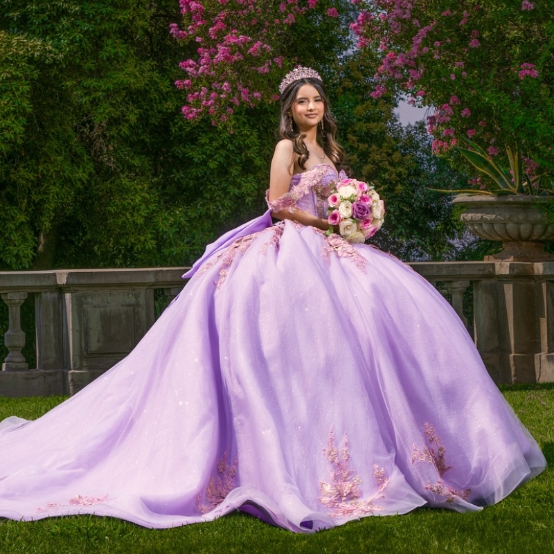Lilac Quinceanera Ball Gown Shiny 3D ral Applique Bow Beading Tiered Tull Corset Sweet 16 Dress Vestidos De XV 15 Anos
