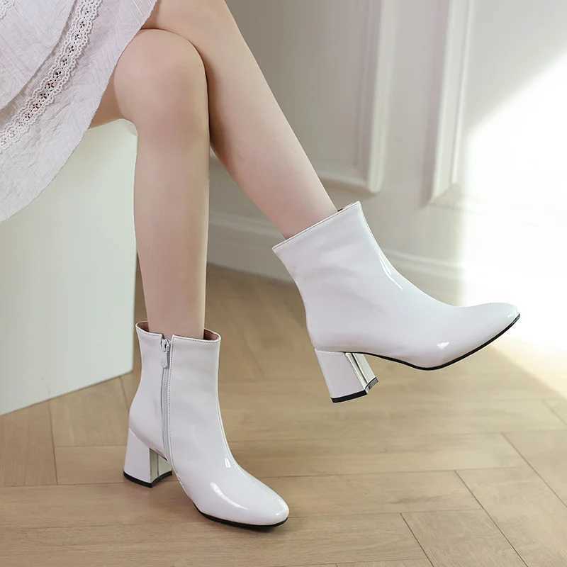 Shiny Smooth Patent Leather Ankle Boots Women High Block Heels Red Blue Green Yellow Dress Office Lady Winter Plush Short Boots M240912