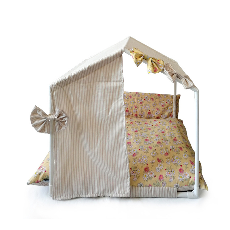 Bows Plaid Assembly Home A Dog Pink Beige Summer Coog Pet House Kennel With Cushion Mat Bed For Little Small Animal Goods