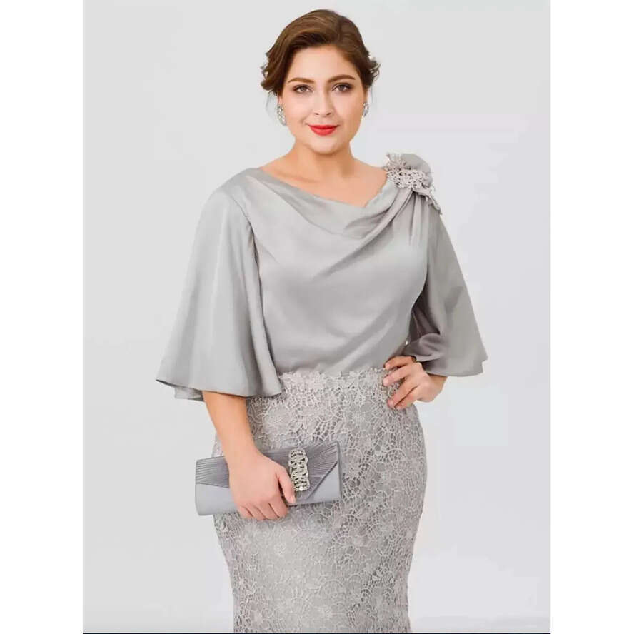 Silk Elegant Long Satin Memaid Mothe Of The Bide Desses Half Sleeves Sie Lace O Length Fomal Evening Gowns Chic Wedding Guest Dess Goom Mom Pom