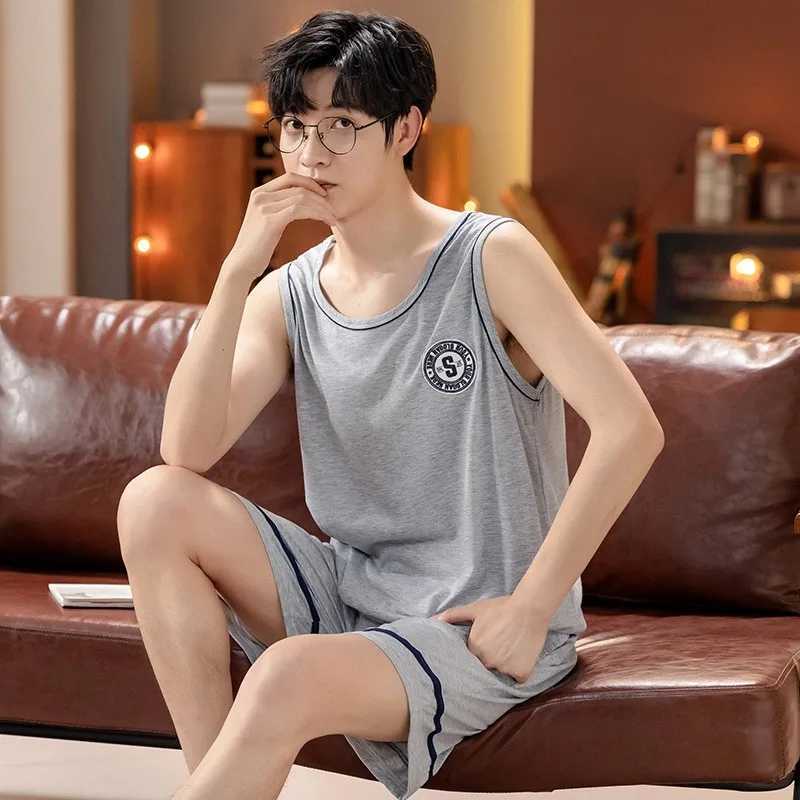 Mens Pajamas Set Summer New O-neck Shorts Knitted Cotton Pijamas Leisure Loungewear Casual Man Sleepwear Sleeveless Nightwear Y240913