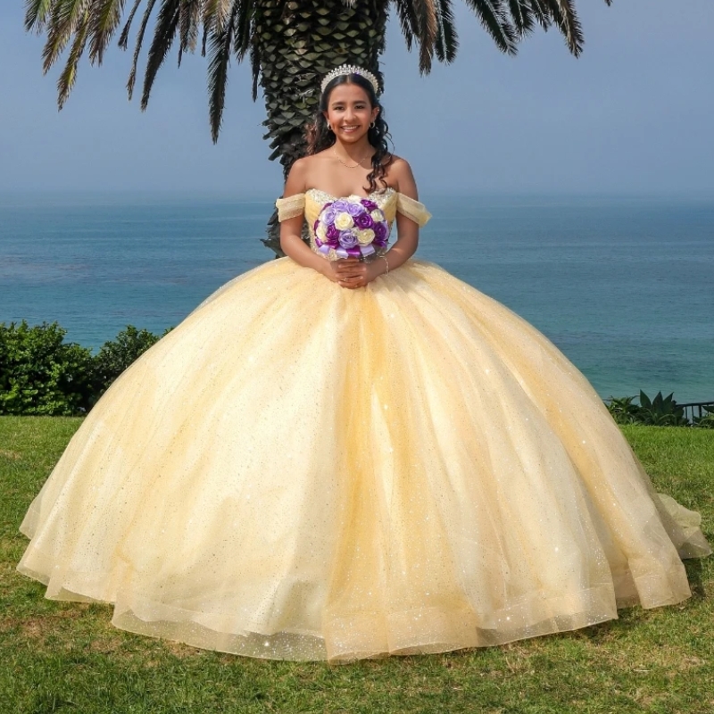 Yellow Princess Ball Gown Quinceanera Dresses 2025 Off Shoulder Beaded Crystals Tull Sweet 16 Birthday Party Lace-Up Vestid Vestidos 15 De Anos