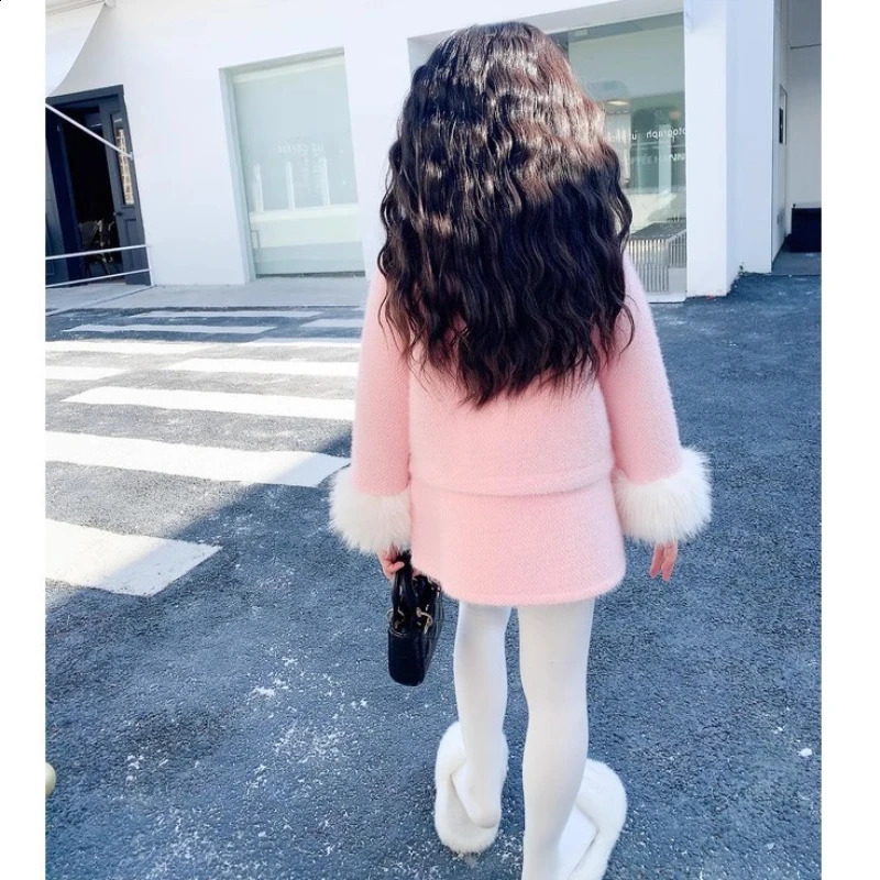 Girls Suit Winter Small Fragrance Solid Color Padded Wool Coat Padded Skirt Two-piece Set Kids Clothes Girls 240902