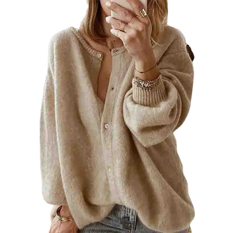 Women's long sleeved knitted cardigan sweater lantern sleeve oversized women's top
