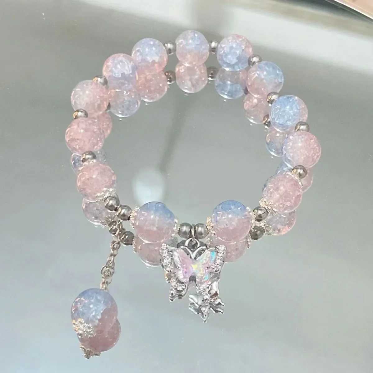 Korean pink crystal butterfly pendant bead bracelet suitable for girls fashionable sweet bead bracelet jewelry gift W240913