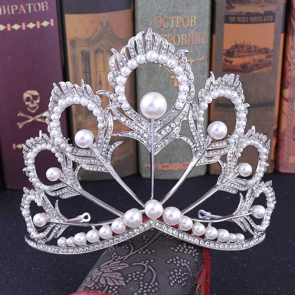 Luxury Miss Universe Crown Round Wedding Pearl Crown Peakcock Feather Tiara Rhinestone Pageant Prom Crowns CZ Coroa NoviaX240913