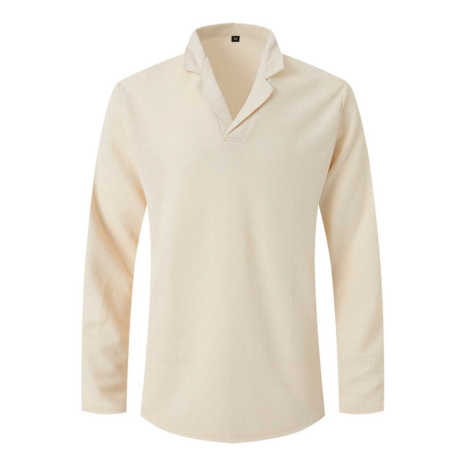 Mens waffle shirt casual long sleeved solid color polo shirt top lapel shirt mens business black sports shirt W240913