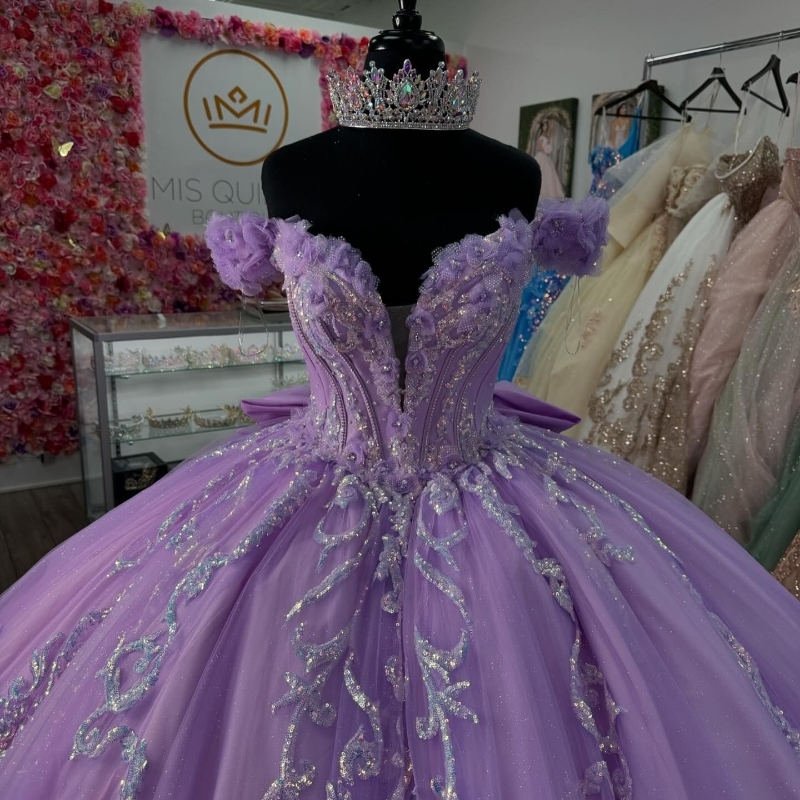 Lavender Shiny Princess Quinceanera Dresses Ball Gown Off The Shoulder Sequin Applique Lace Beads Tull Corset Sweet 16 Dress Vestidos 15 De XV Anos