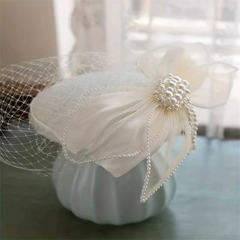 Brides Wedding Gown Headdress Vintage Elegant Mesh Top Hat Female White Fairy Hanfu Hair Accessories Super Fairy Pearl HeaddresX240913