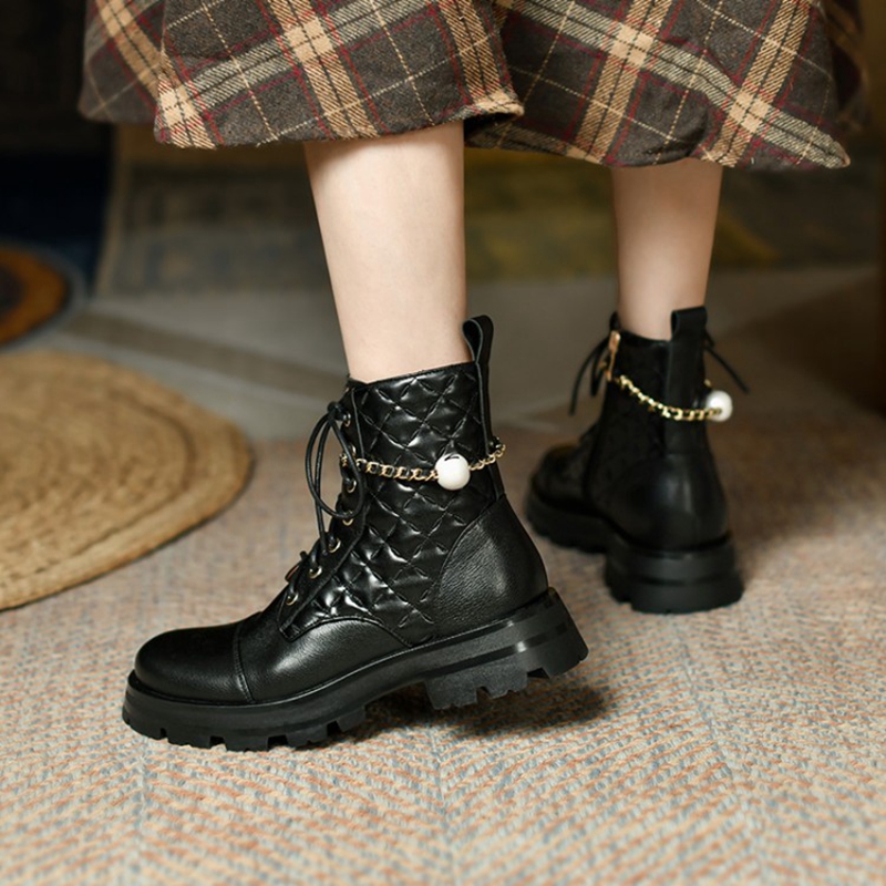 Winter New Round Toe Thick Heel 2021 Fashion Dia Lattice Fall Shoes Women Designer Boots 266c