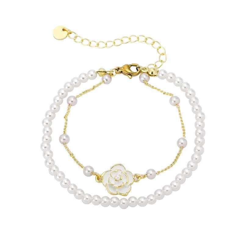 Vintage White Camellia Bracelet for Womens Elegant Double layered Simulated Pearl Bead Chain Bracelet Jewelry 2024 Trend W240913