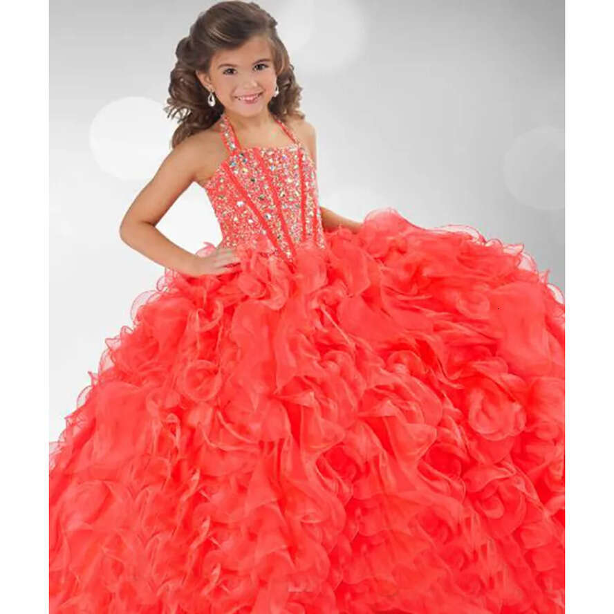 Halter Coral Pagent Grils Ball Gown Organza Crystal Beaded Little Dresses Sparkly Wer Girl's Dress Custom Made