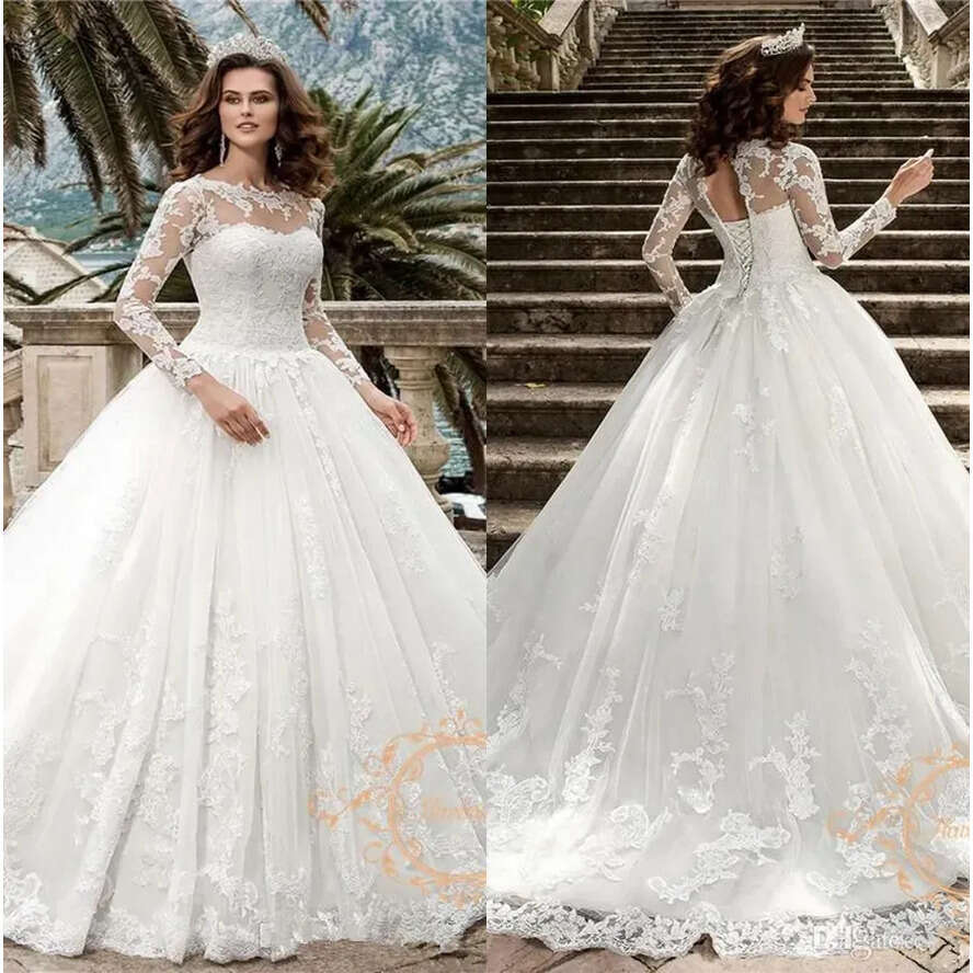 A E Lace Ful Dresses Sheer Long Sleeves Tulle Appliques Bridal Wedding Gowns With Corset Back Robes Bc18321 ppliques