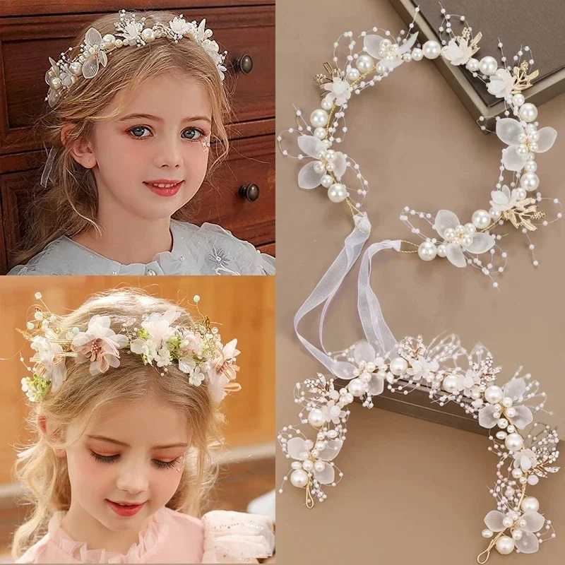 Summer Boho Children Girl Pearl Butterfly Headdress Flower Wreath Garland Head Hoop Headbands Hair Wedding Bride Jewelry GiftsX240913
