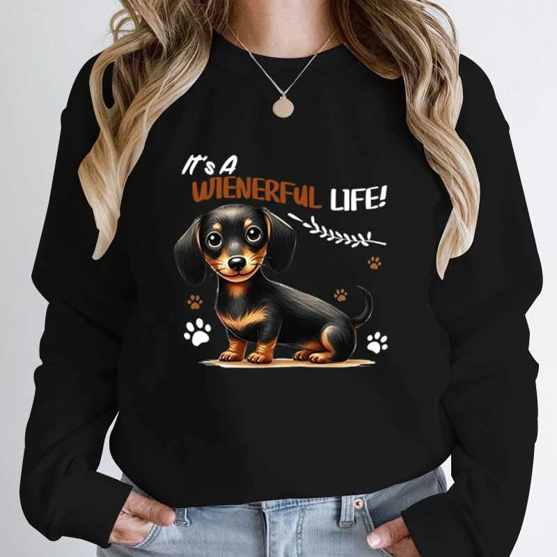Dachshund Its A Wienerful Life Print Pullover For Women Autumn and Winter Casual Round Neck Pullover Dachshund Sweatshirts M240912