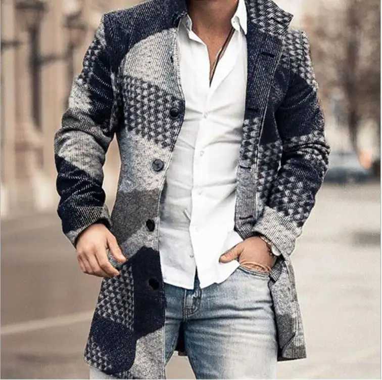 2023 Autumn Winter Woolen Printing Mens Coat Windbreaker Long Sleeve Single Breasted Button Fashion Casual Jacket LX241010
