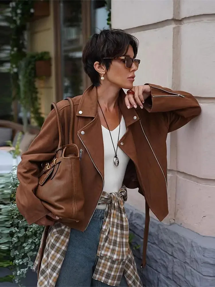 Women Fashion Lapel Diagonal Zipper Short Jacket With Belt Elegant Solid Long Sleeves Pocket Crop Coat Autumn Chic Lady Outwear 240911