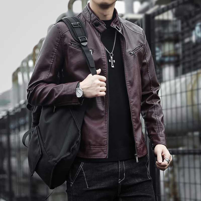Autumn New Men Casual Fashion Stand Collar Slim PU Leather Jacket Solid Color Leather Jacket Men Anti-wind Motorcycle S-4XLX240913