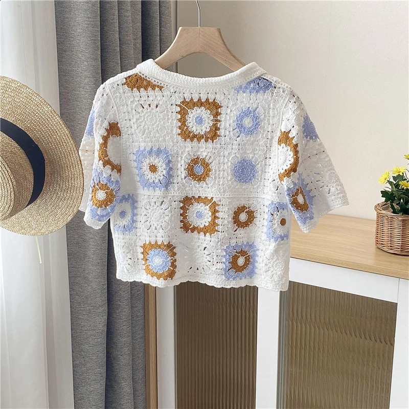 Granny Square Crochet Buttonup Top Short Sleeve Sheer Openknit Crop Cardigan for Women Teengirl Fairycore Vintage Outfit 240910