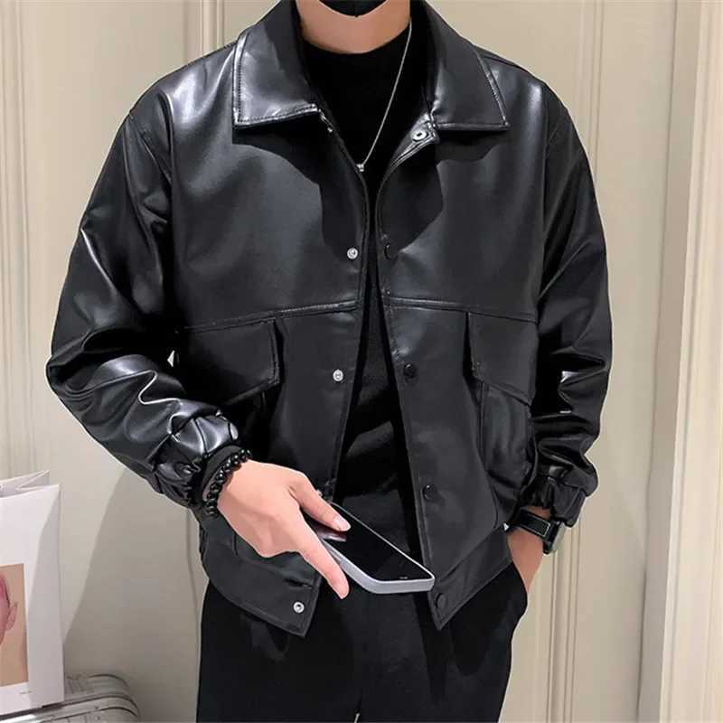 2024 Men Black Faux Leather Jacket Men Autumn Mens Hip Hop Jacket PU Leather Male Oversize Streetwear Korean Trend Jackets CoatsX240913