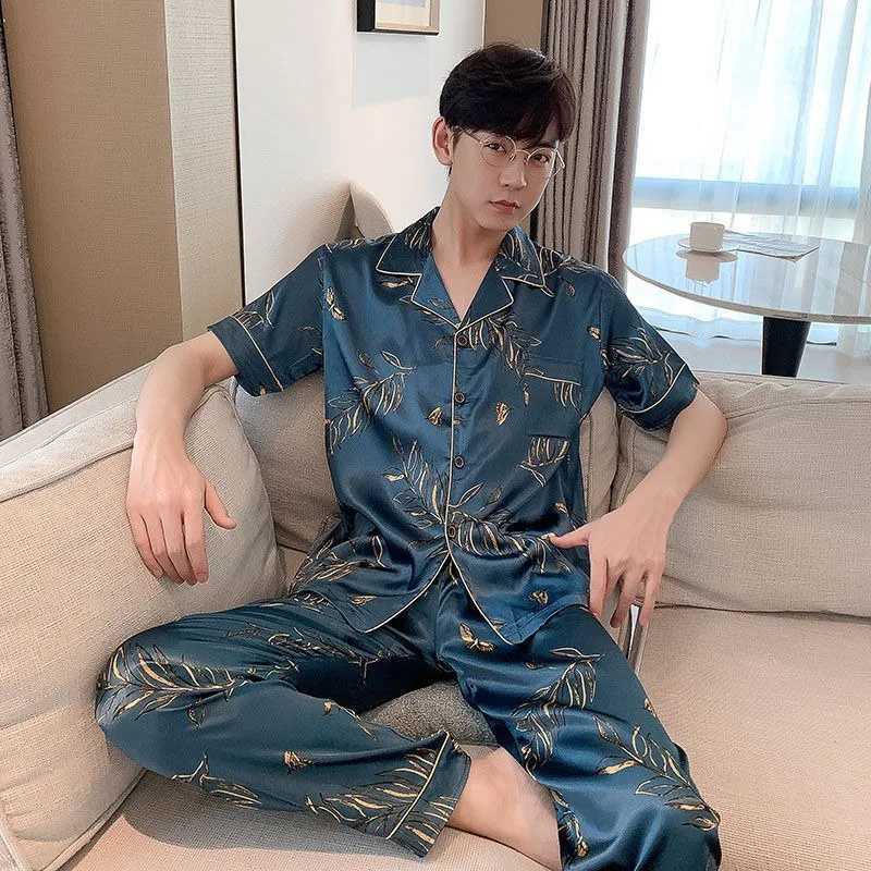 Large 5XL Men Underwear 2Piece Set Spring Pyjamas Short Sleeve Trousers Suit Casual Home Wear Silk Boy Pajama Leisure Sleepwear Y240913