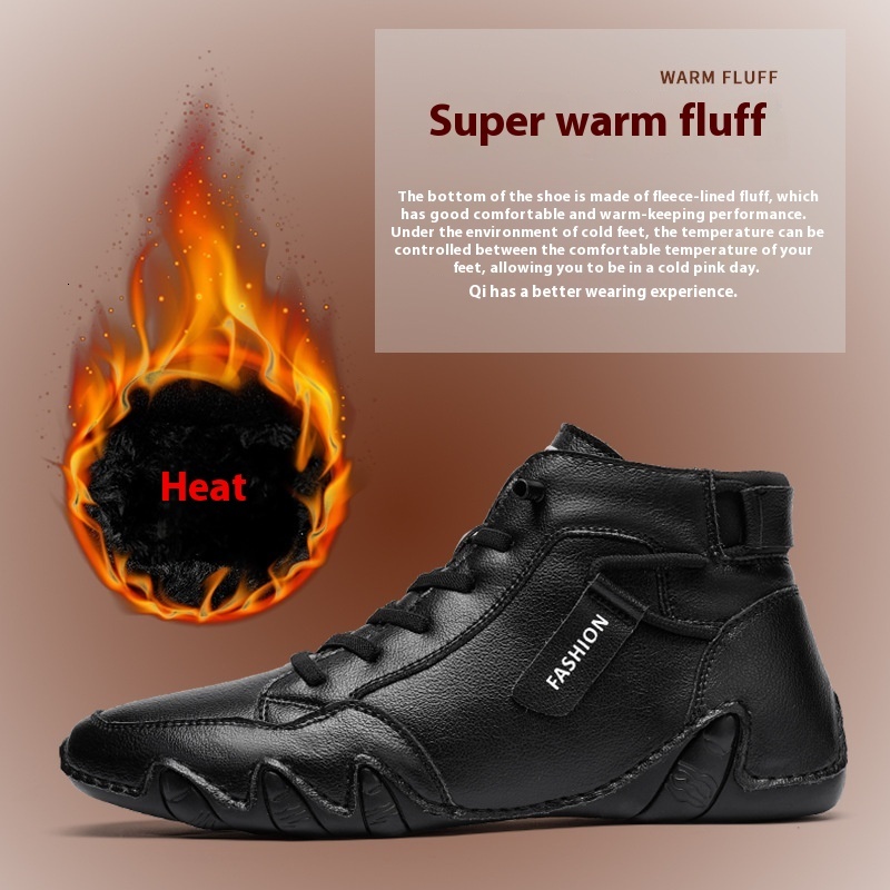 Winter plush casual leather boots, men's high top warm bean shoes, fashionable octopus sole sleeve cotton shoes