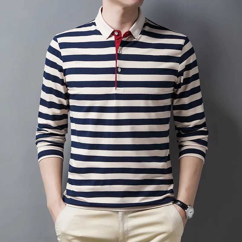 Simple trend autumn mens lapel striped button contrasting color fashionable casual loose long sleeved polo shirt top W240913