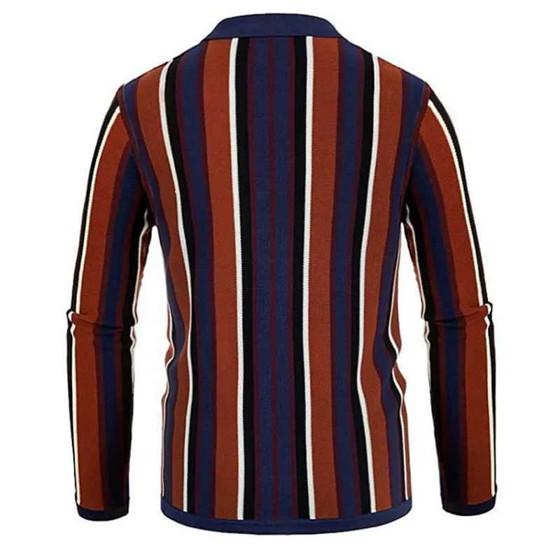 Autumn clothing mens knitted patch work polo shirt street clothing retro elastic button long sleeved casual knitting W240913