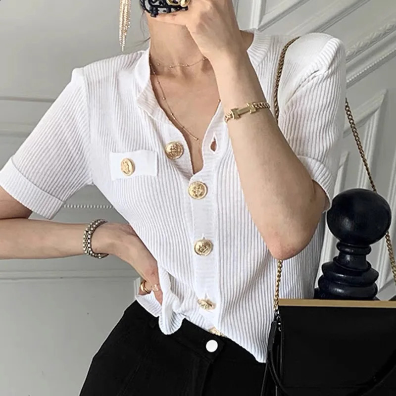 Runway Korean Chic Womens Clothes Cardigan Summer Elegant Oneck Big Button n Slim Female Short Knitting Top Tees 240910