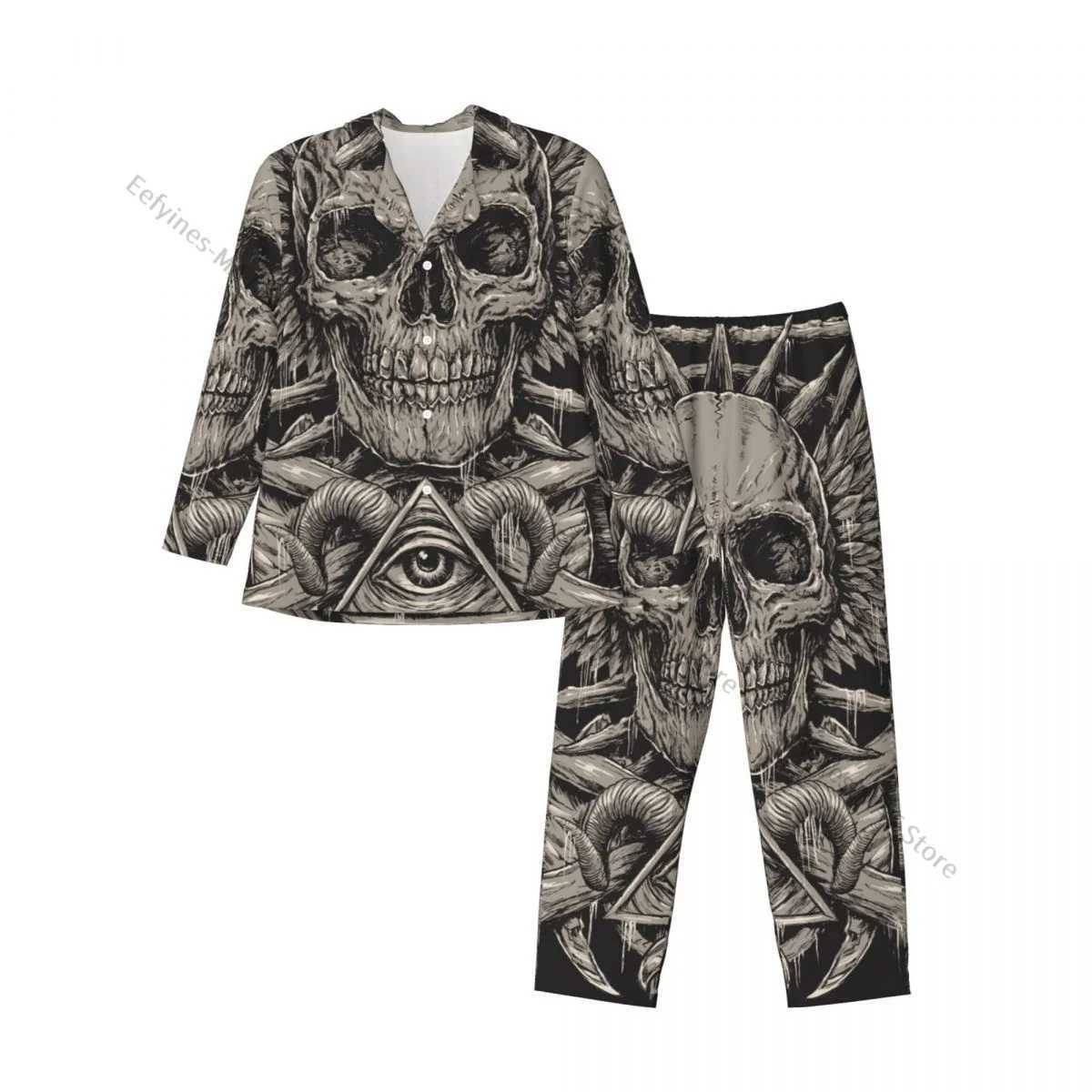 Mens Pajamas Sets Home Suits Heavy Metal Inspired Skull Sleepwear Loose Homewear Long-sleeved Casual Sets Y240913