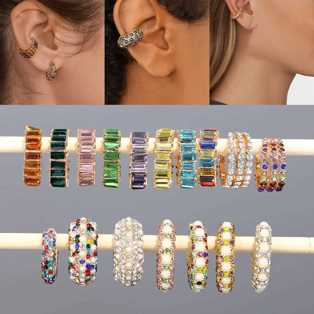 Rainbow CZ Cuff Earrings Women Jewelry Rhinestone Dangle No Pierced Statement Cubic Zirconia Ear Clip on Ear Cuff C-shapedX240913
