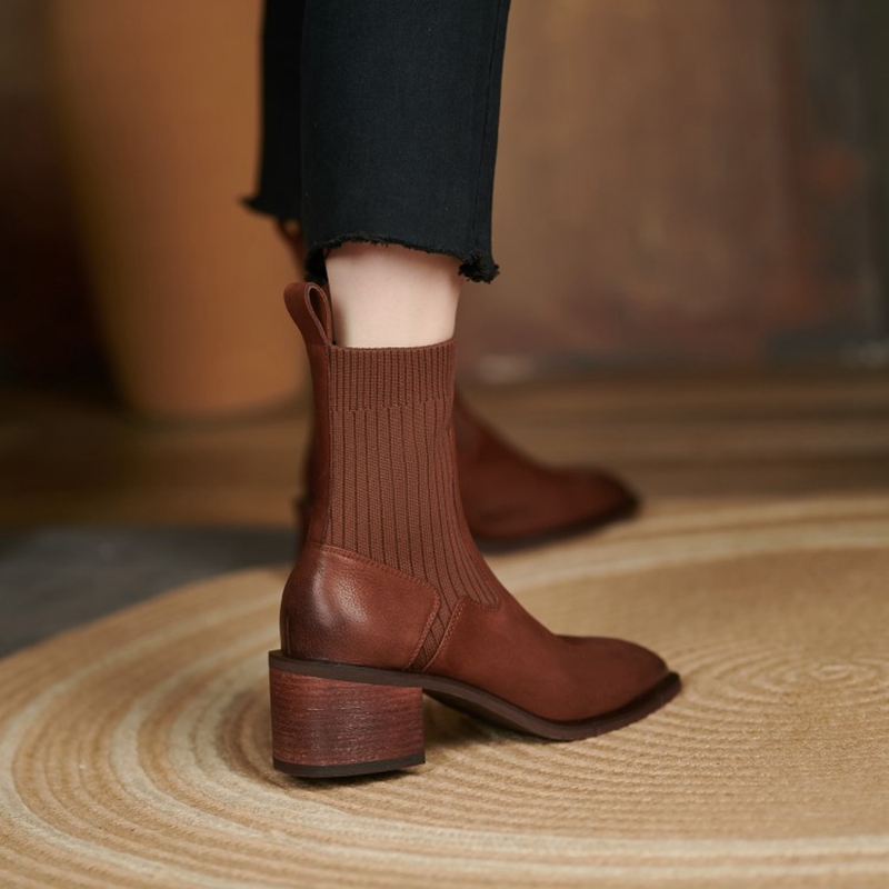 NEW Ankle Boots for Women Genuine Leather Round Toe Chunky Heel Winter Modern Boots Women Concise Vintage Knitting Short Boots