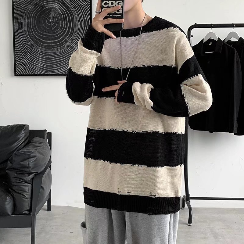 Men Sweaters Striped sweater mens spring and autumn autumn Korean version trendy new item knit sweater contrasting colors on clothes Mens crew neck sw