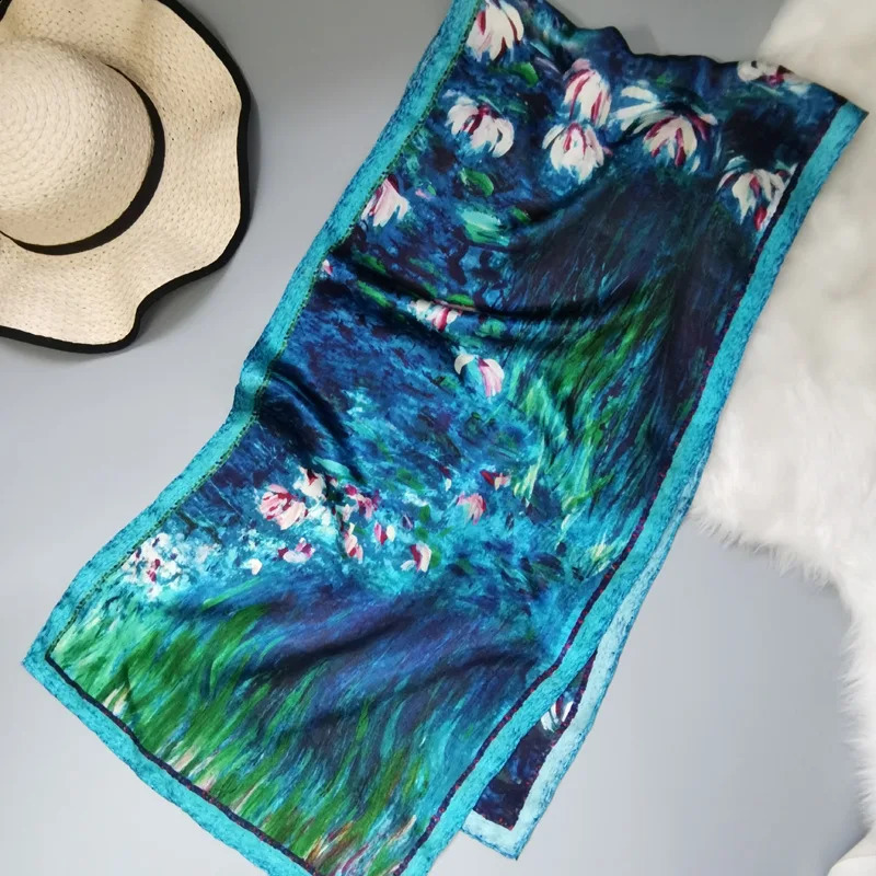 Claude Monets Oil Painting 100% Mulberry Silk Scarf Women Abstract Water Lily Print Shawls and Wraps Foulard Femme Long Bandana 240909