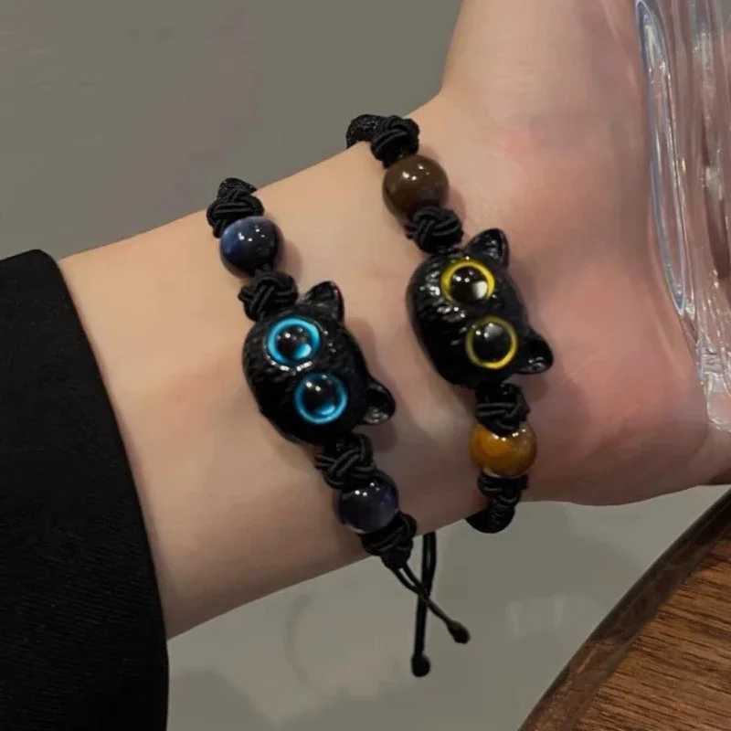 1/2 Cute Natural Stone Black Cat Bracelet Womens Fashion Cartoon Animal Bead Bracelet Handmade Fashion Jewelry Gift W240913