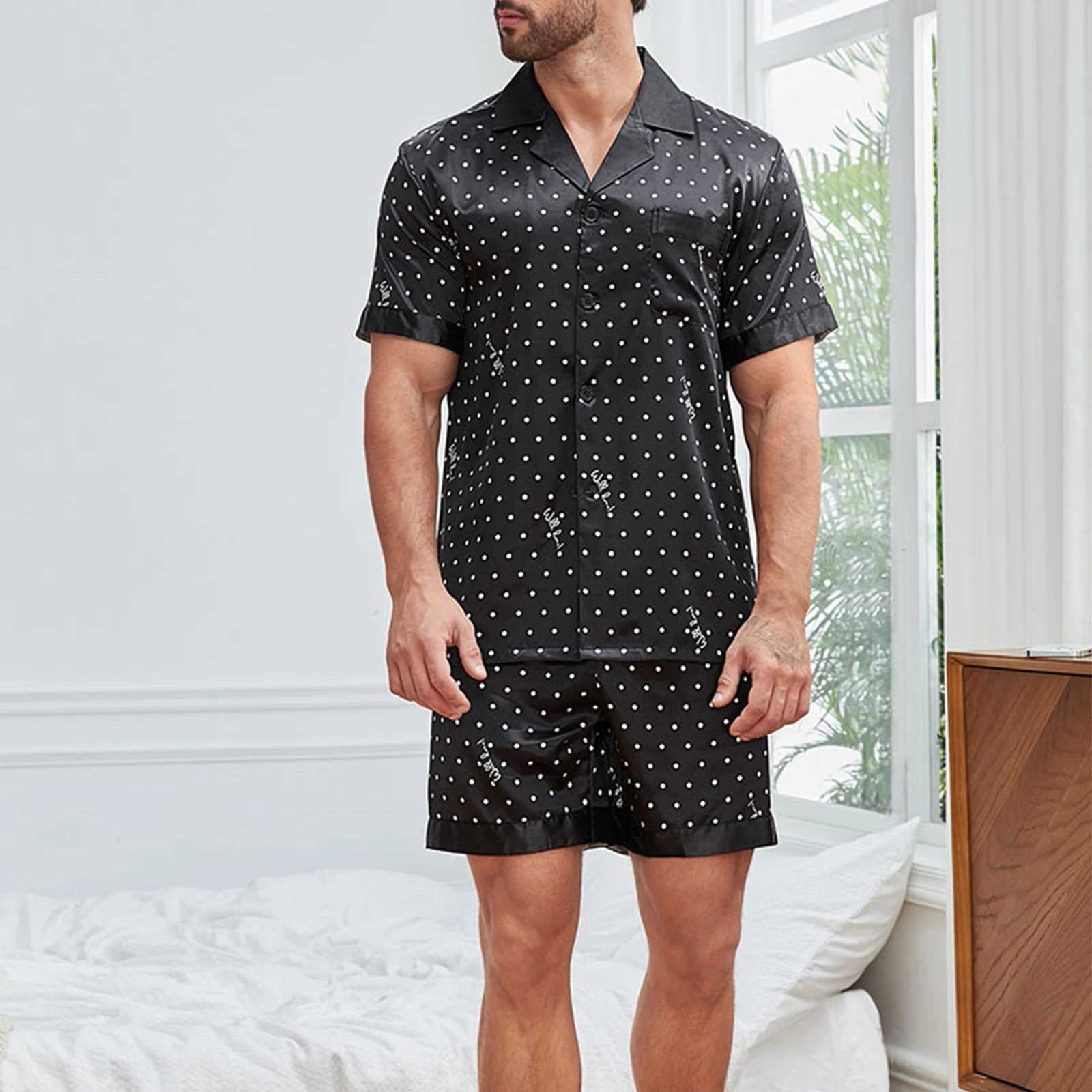 Men Silk Satin Pajamas Sets Short Sleeve Sleepwear Button-Down PJs Sets Summer Loose Two-Pieces Loungewear Y240913