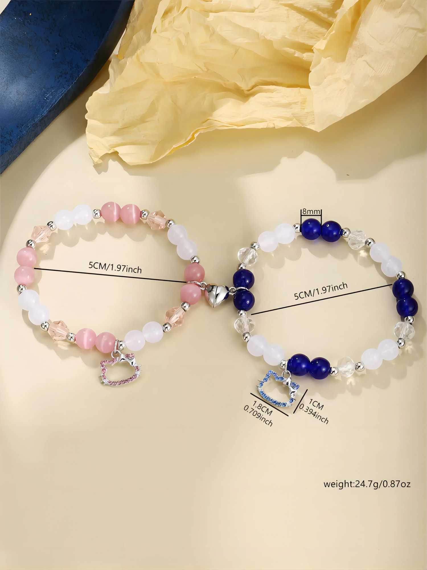 2 cute cat pendant heart-shaped magnetic bead elastic couple bracelet Bff trend jewelry gift W240913
