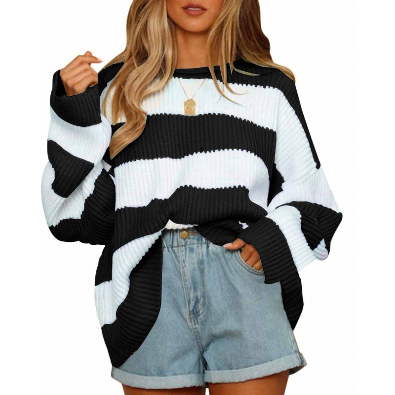 2024 autumn and winter round neck long sleeved color blocked striped knitted for women's trumpet sleeve sweater