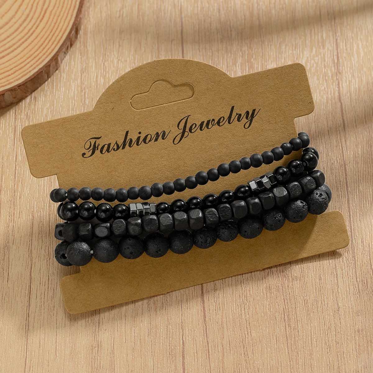 4-piece set of black volcanic stone bead stacked mens fashion bracelet W240913