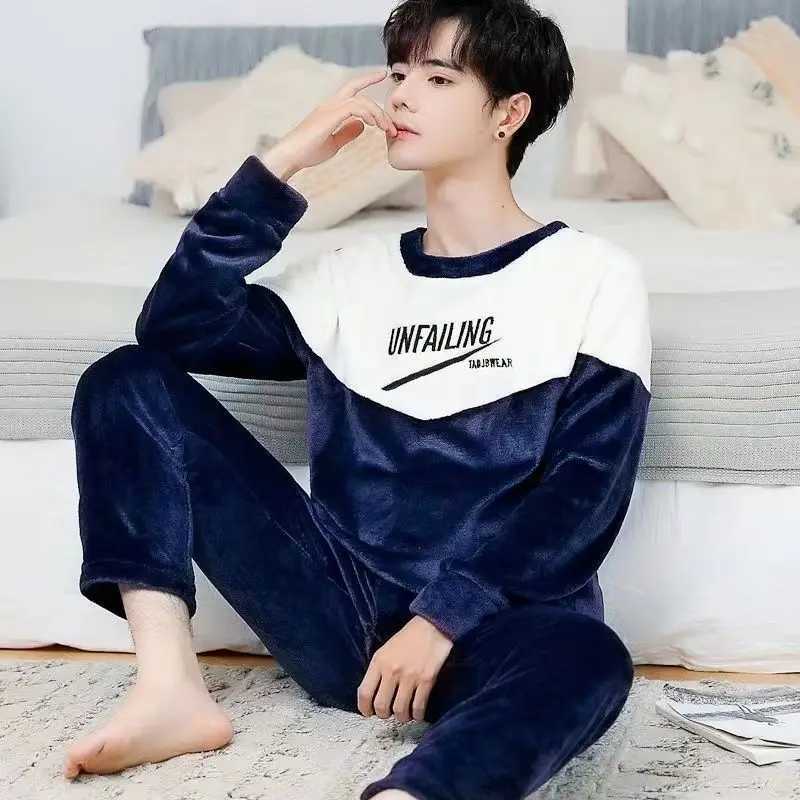 2022 Winter Long Sleeve Thick Warm Flannel Pajama Sets for Men Coral Velvet Cute Cartoon Sleepwear Suit Pyjamas Homewear Clothes Y240913
