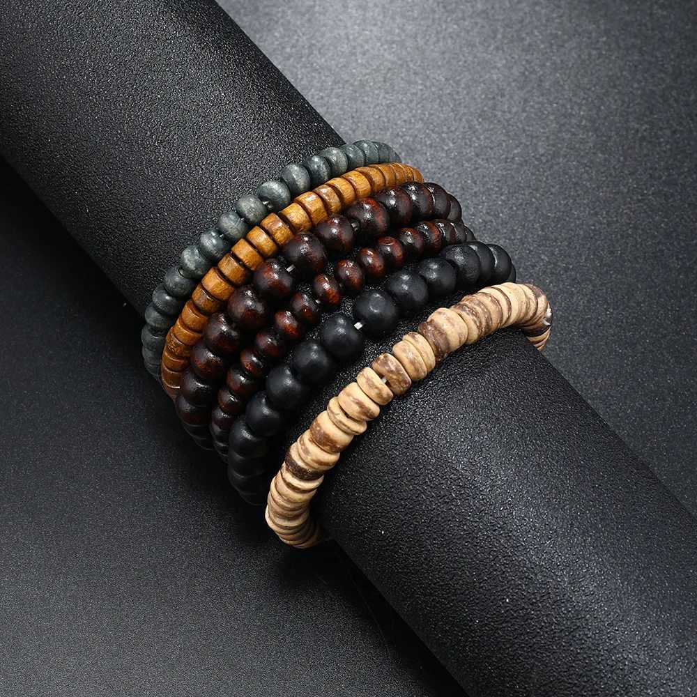 6-piece/set fashionable mens handmade bead bracelet retro style multi-layer elastic wooden bead coconut shell charm bracelet W240913